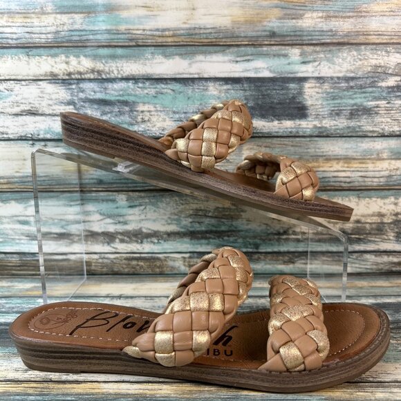 Blowfish Slide Sandal Womens 6.5 Taupe Gold Casual Slip On Wedge Vegan Summer - Picture 1 of 10